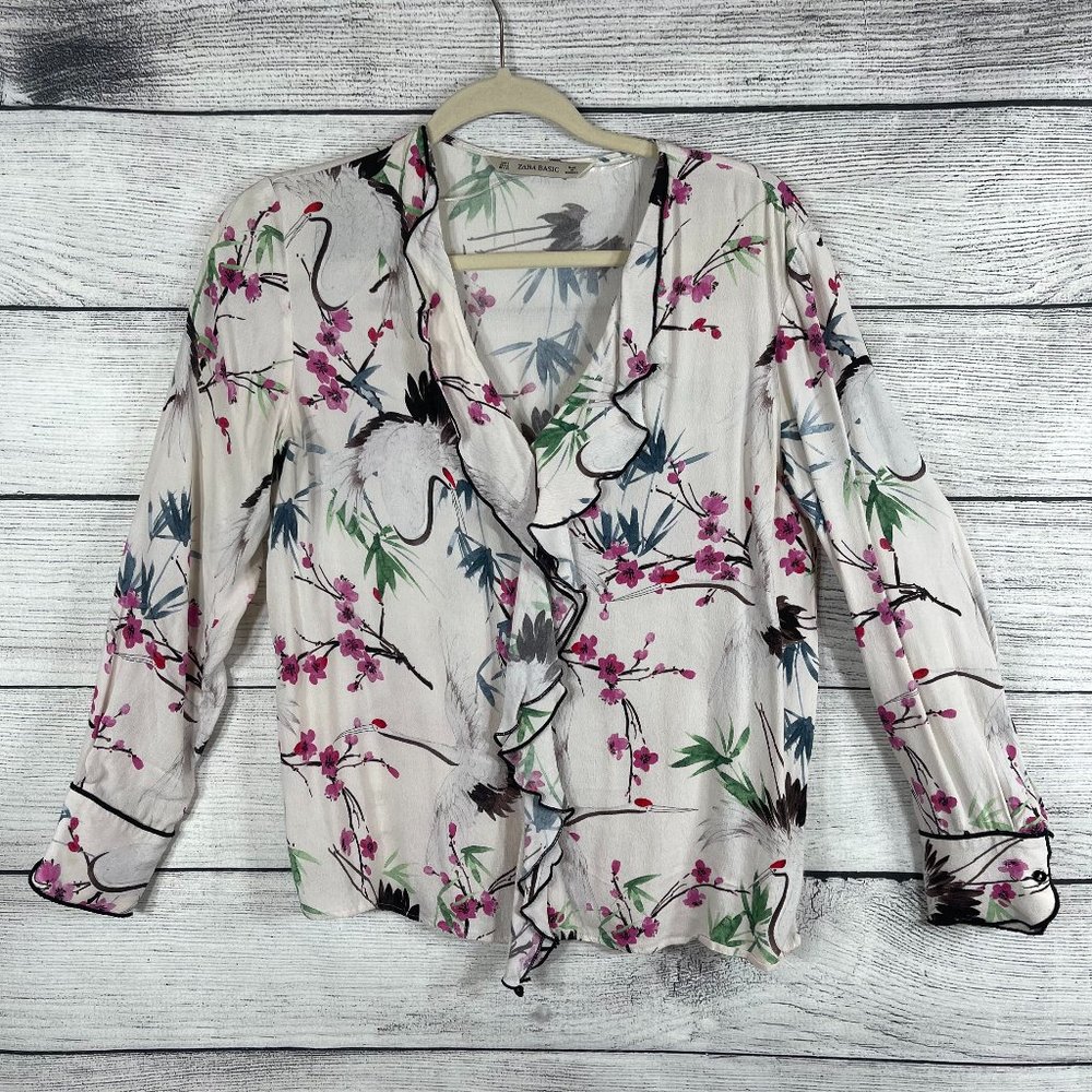 Zara Basic Crane & Blossom Asian Inspired Ruffle Blouse with Defect Sz S